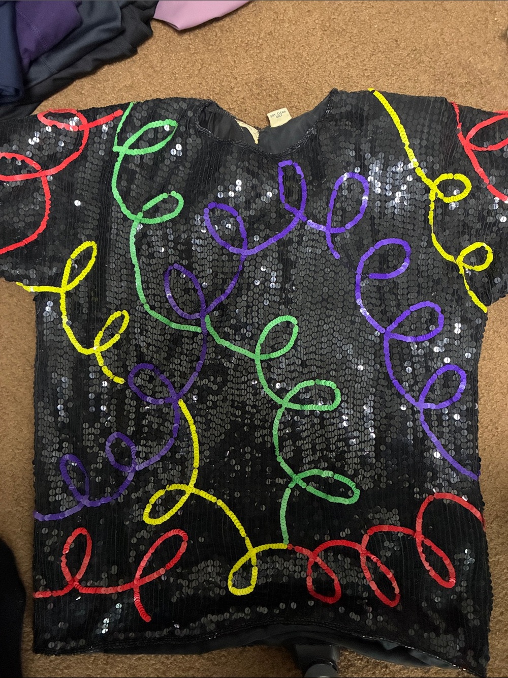 Vintage Black Sequin short sleeve Top with Multicolor Loop Embroidery